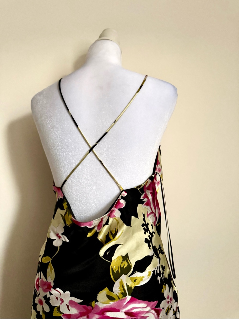 Mary L Couture Black Floral Slip Dress with Pink & Cream Accents 100% Silk - Picture 5 of 12